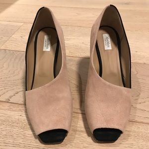 Max Mara two-tone tan black suede peep toe pump 9